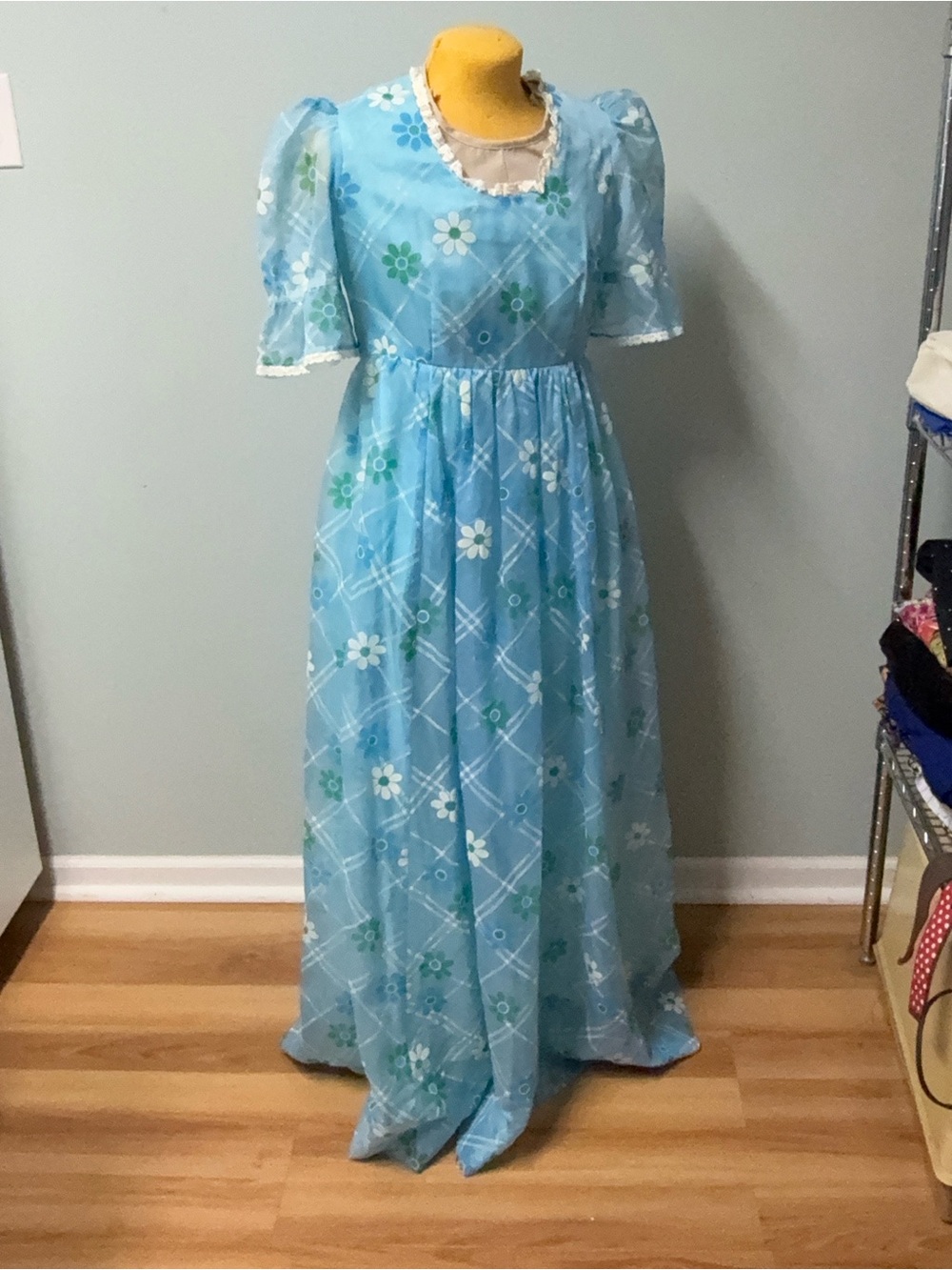 Vintage Blue Floral Maxi Dress with White Daisies